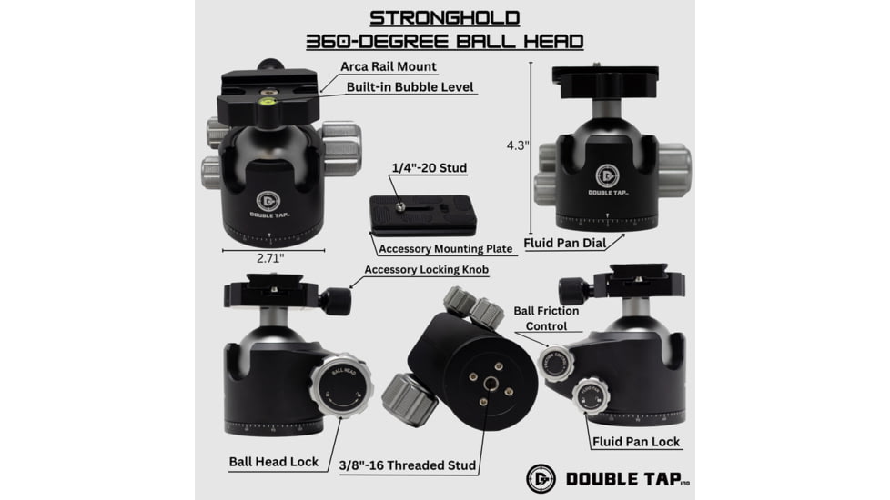 Double Tap Industries Stronghold Carbon Fiber Shooting Tripod w/Leveling Head, Black, TRI-CF-002L