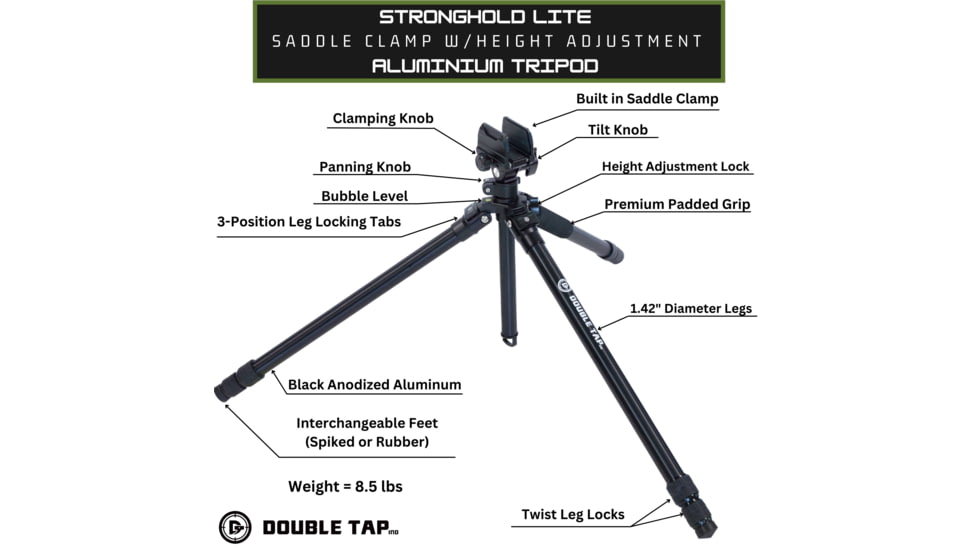 Double Tap Industries Stronghold Lite Aluminum Tripod w/Adjustable Height + Saddle Clamp, Black, 36mm, TRI-A-001A
