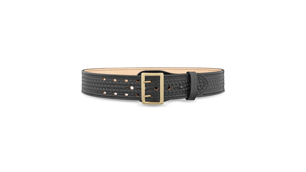 2-1/4" Basketweave Leather Sam Brown 2 Row Stitch Duty Belt with Solid Brass Gold Buckle