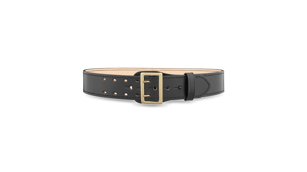2-1/4" Plain Leather Sam Browne 2-Row Stitch Duty Belt with Solid Brass Gold Buckle