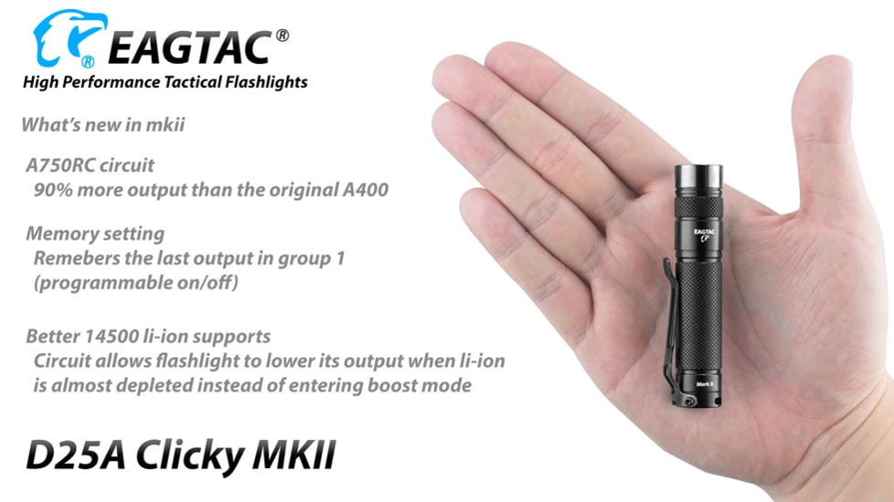 EAGTAC D25A RC Clicky Flashlight, XP-G2 R5 NW LED, 176lm,1xAA, Black, D25A-CLICKY-XPG2-NW