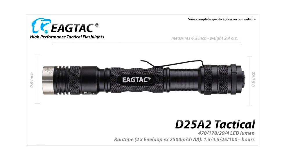 EAGTAC D25A2 Tactical Flashlight, XM-L2 U2 NW LED, 470lm, Black, D25A2-TACTICAL-XML2-NW