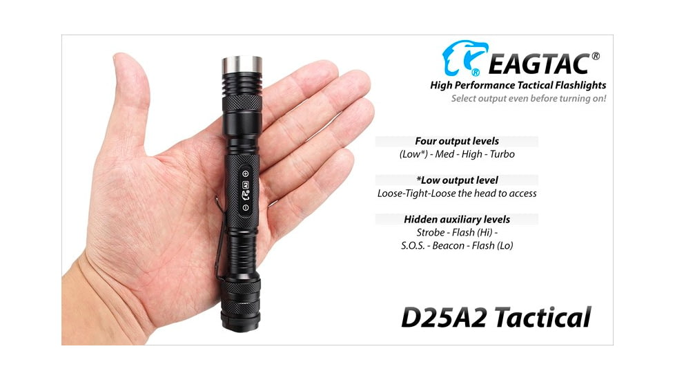 EAGTAC D25A2 Tactical Flashlight, XM-L2 U2 NW LED, 470lm, Black, D25A2-TACTICAL-XML2-NW