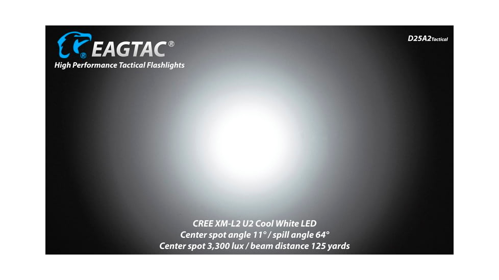 EAGTAC D25A2 Tactical Flashlight, XM-L2 U2 NW LED, 470lm, Black, D25A2-TACTICAL-XML2-NW