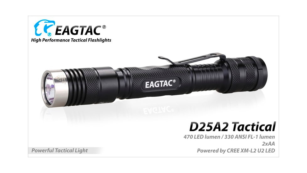 EAGTAC D25A2 Tactical Flashlight, XM-L2 U2 NW LED, 470lm, Black, D25A2-TACTICAL-XML2-NW