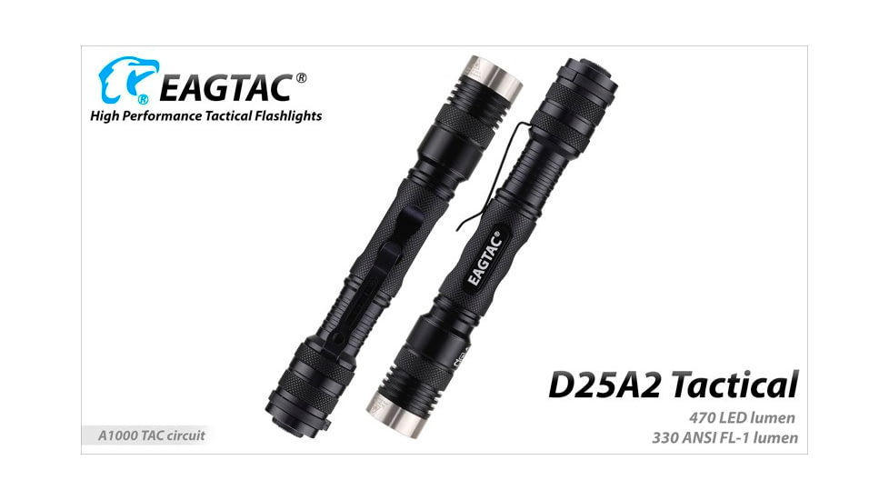 EAGTAC D25A2 Tactical Flashlight, XM-L2 U2 NW LED, 470lm, Black, D25A2-TACTICAL-XML2-NW