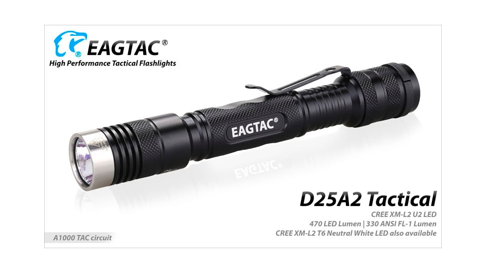 EAGTAC D25A2 Tactical Flashlight, XM-L2 U2 NW LED, 470lm, Black, D25A2-TACTICAL-XML2-NW