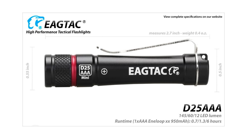 EAGTAC D25AAA RED/BLUE/GRAY/GOLDED Flashlight, Nichia 219B LED, 115lm, Black, D25AAA-219B-NW