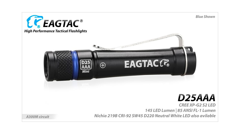 EAGTAC D25AAA RED/BLUE/GRAY/GOLDED Flashlight, Nichia 219B LED, 115lm, Black, D25AAA-219B-NW