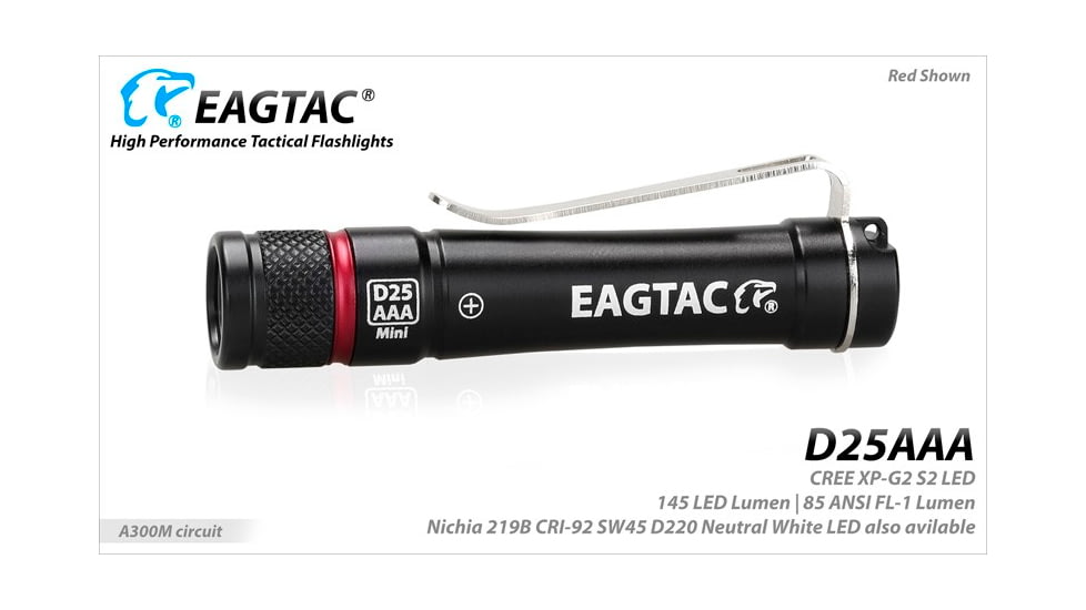 EAGTAC D25AAA RED/BLUE/GRAY/GOLDED Flashlight, Nichia 219B LED, 115lm, Black, D25AAA-219B-NW