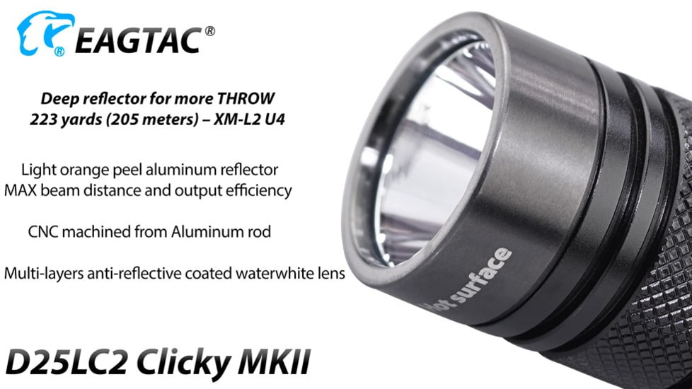 EAGTAC D25LC2 Clicky MKII Flashlight, Luminus SST20 CRI-95 4000K NW LED, 820lm, Black, D25LC2-CLICKY-MKII-SST20-NW
