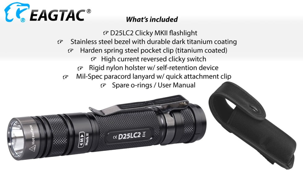EAGTAC D25LC2 Clicky MKII Flashlight, Luminus SST20 CRI-95 4000K NW LED, 820lm, Black, D25LC2-CLICKY-MKII-SST20-NW