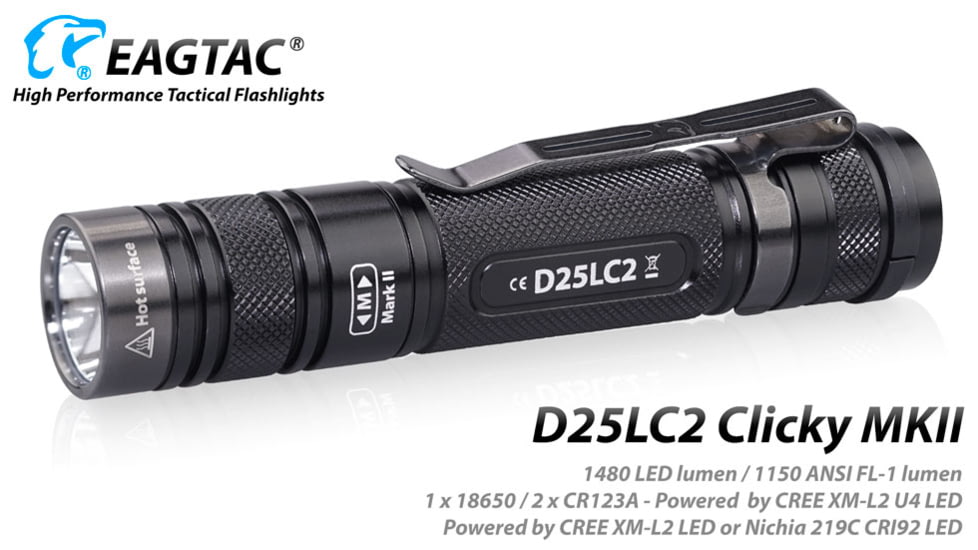 EAGTAC D25LC2 Clicky MKII Flashlight, Luminus SST20 CRI-95 4000K NW LED, 820lm, Black, D25LC2-CLICKY-MKII-SST20-NW