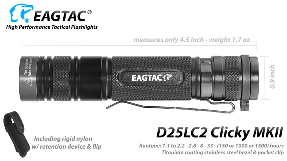EAGTAC D25LC2 Clicky MKII Flashlight, Luminus SST20 CRI-95 4000K NW LED, 820lm, Black, D25LC2-CLICKY-MKII-SST20-NW