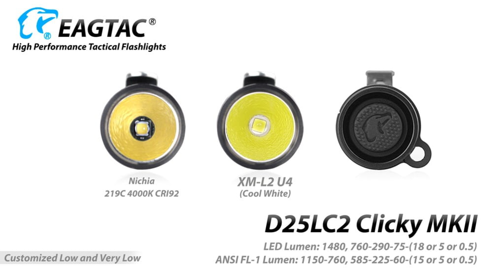 EAGTAC D25LC2 Clicky MKII Flashlight, Luminus SST20 CRI-95 4000K NW LED, 820lm, Black, D25LC2-CLICKY-MKII-SST20-NW