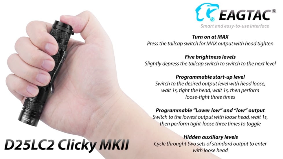 EAGTAC D25LC2 Clicky MKII Flashlight, Luminus SST20 CRI-95 4000K NW LED, 820lm, Black, D25LC2-CLICKY-MKII-SST20-NW