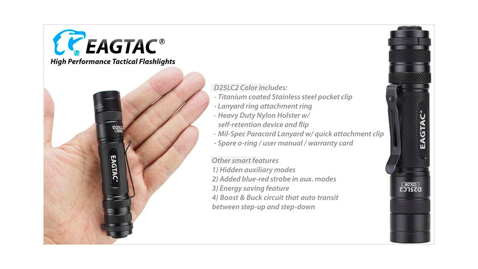 Eagtac D25LC2 Color Flashlight, XM-L COLOR LED, White-331lm, Red-120lm, Royal blue-45lm, Green-240lm, Black, D25LC2-XML-COLOR