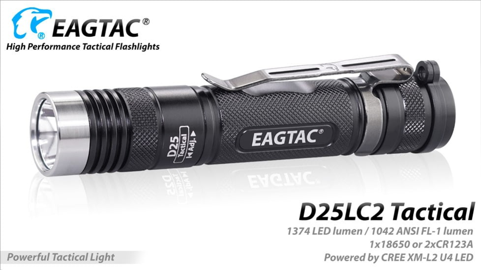 EAGTAC D25LC2 Tactica XML2 U4 LED Flashlight, Medium, Black, 1374 lm, D25LC2-Tactical-XML2-CW