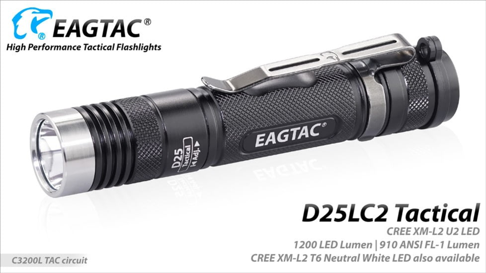 EAGTAC D25LC2 Tactica XML2 U4 LED Flashlight, Medium, Black, 1374 lm, D25LC2-Tactical-XML2-CW