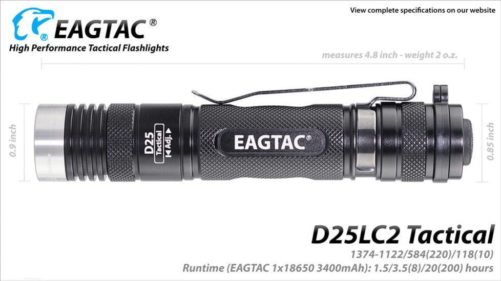 EAGTAC D25LC2 Tactica XML2 U4 LED Flashlight, Medium, Black, 1374 lm, D25LC2-Tactical-XML2-CW