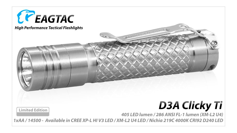 EAGTAC D3A RC Titanium Flashlight,Luminus SST20 CRI-95 4000K NW LED, 275lm, Silver, D3A-CLICKY-TI-SST20-NW