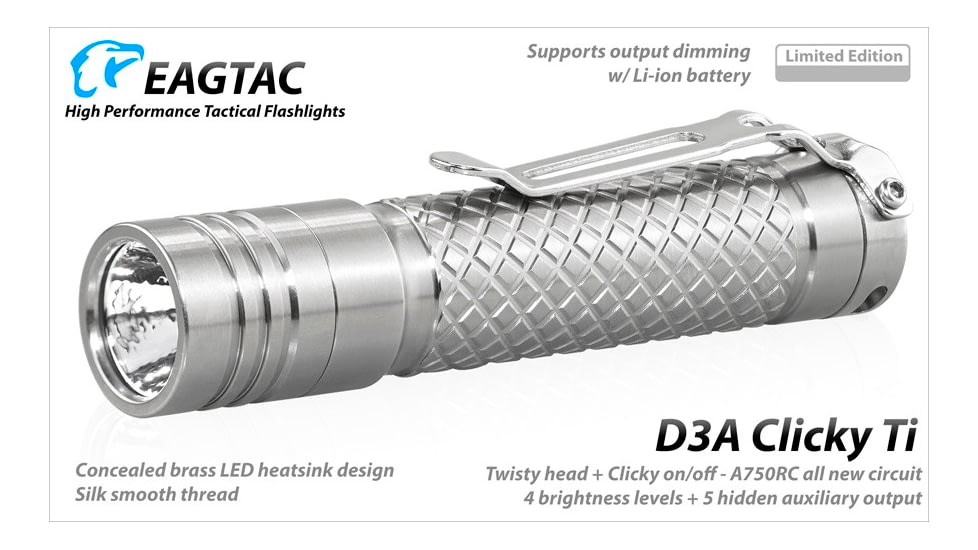 EAGTAC D3A RC Titanium Flashlight,Luminus SST20 CRI-95 4000K NW LED, 275lm, Silver, D3A-CLICKY-TI-SST20-NW