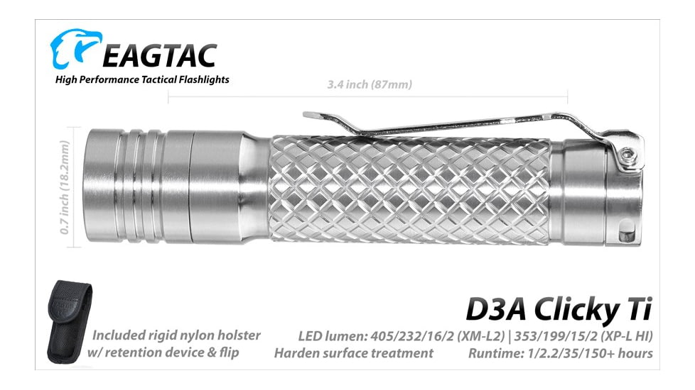 EAGTAC D3A RC Titanium Flashlight,Luminus SST20 CRI-95 4000K NW LED, 275lm, Silver, D3A-CLICKY-TI-SST20-NW