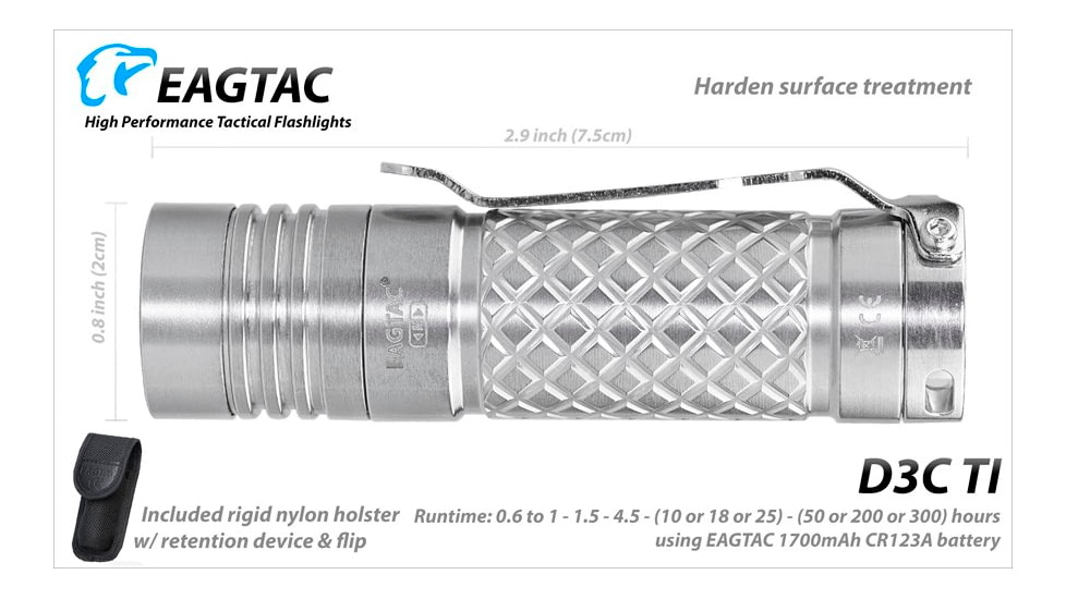 EAGTAC D3C RC Ti Flashlight, Luminus SST20 CRI-95 4000K NW LED, 510lm, Silver, D3C-CLICKY-TI-SST20-NW