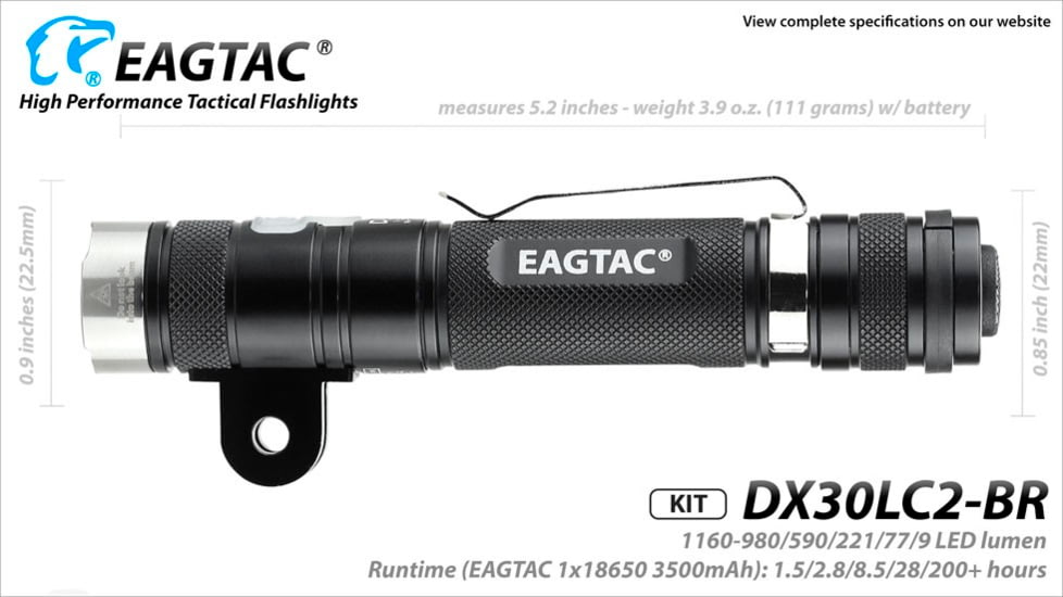 EAGTAC DX30LC2-BR Rechargeable Flashlight Kit, XP-L HI V2 NW LED, 1084lm, Black, DX30LC2BR-XPLHI-KIT-NW