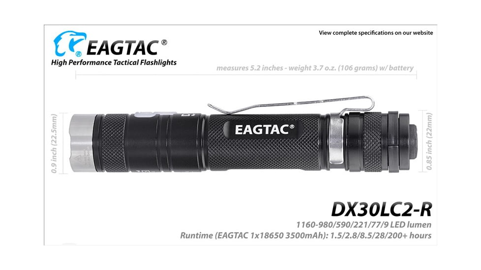 EAGTAC DX30LC2-R Rechargeable Flashlight Kit, XP-L HI V2 NW LED, 1084lm, Black, ET-FL-DX30LC2R-XPLHI-KIT-NW