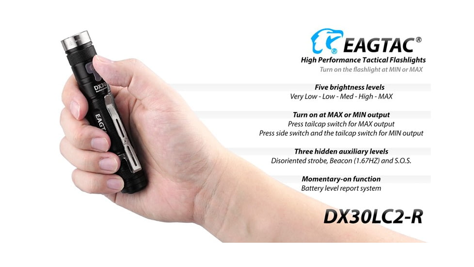 EAGTAC DX30LC2-R Rechargeable Flashlight Kit, XP-L HI V2 NW LED, 1084lm, Black, ET-FL-DX30LC2R-XPLHI-KIT-NW