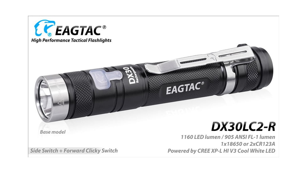 EAGTAC DX30LC2-R Rechargeable Flashlight Kit, XP-L HI V2 NW LED, 1084lm, Black, ET-FL-DX30LC2R-XPLHI-KIT-NW