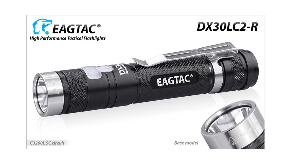 EAGTAC DX30LC2-R Rechargeable Flashlight Kit, XP-L HI V2 NW LED, 1084lm, Black, ET-FL-DX30LC2R-XPLHI-KIT-NW