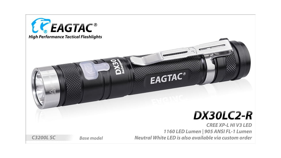 EAGTAC DX30LC2-R Rechargeable Flashlight Kit, XP-L HI V2 NW LED, 1084lm, Black, ET-FL-DX30LC2R-XPLHI-KIT-NW