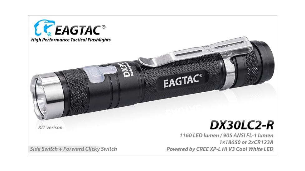 EAGTAC DX30LC2-R Rechargeable Flashlight Kit, XP-L HI V2 NW LED, 1084lm, Black, ET-FL-DX30LC2R-XPLHI-KIT-NW