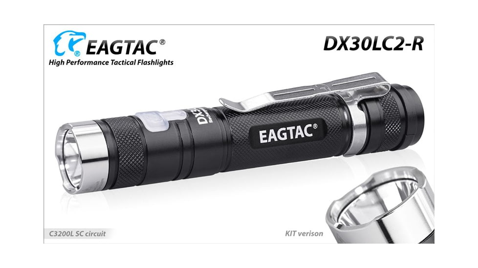 EAGTAC DX30LC2-R Rechargeable Flashlight Kit, XP-L HI V2 NW LED, 1084lm, Black, ET-FL-DX30LC2R-XPLHI-KIT-NW