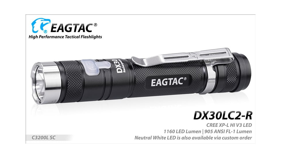 EAGTAC DX30LC2-R Rechargeable Flashlight Kit, XP-L HI V2 NW LED, 1084lm, Black, ET-FL-DX30LC2R-XPLHI-KIT-NW
