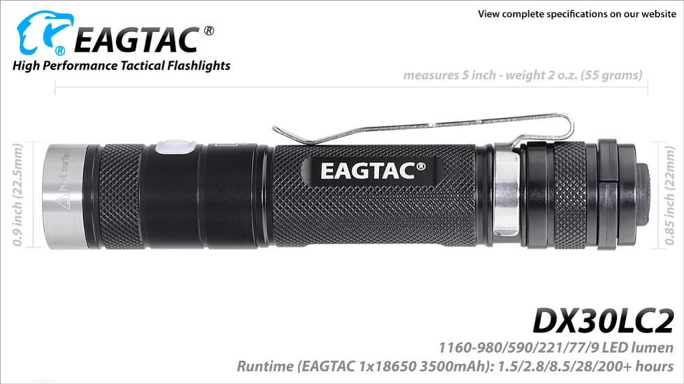 EAGTAC DX30LC2 Side Switch Forward Clicky Flashlight, XP-L HI V2 NW LED, 1084lm, Black, DX30LC2-XPLHI-NW