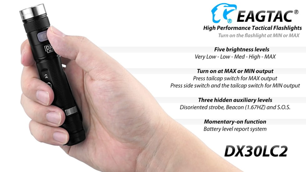 EAGTAC DX30LC2 Side Switch Forward Clicky Flashlight, XP-L HI V2 NW LED, 1084lm, Black, DX30LC2-XPLHI-NW