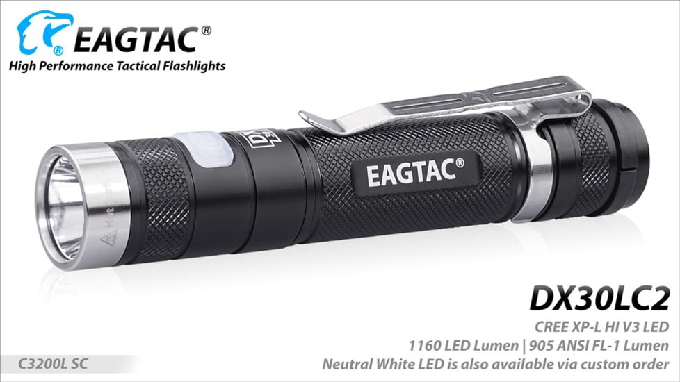 EAGTAC DX30LC2 Side Switch Forward Clicky Flashlight, XP-L HI V2 NW LED, 1084lm, Black, DX30LC2-XPLHI-NW
