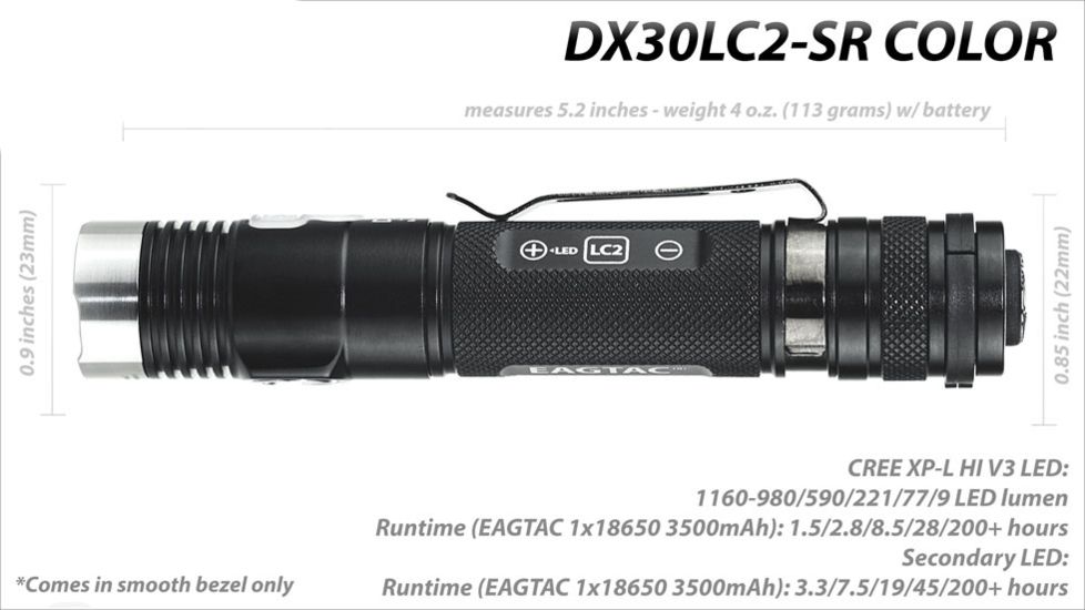 Eagtac DX30LC2-SR Color Side-LED Rechargeable  Flashlight, XP-E2 Green w/ XPL HI LED, 263lm w/ 1160lm, Black 2737