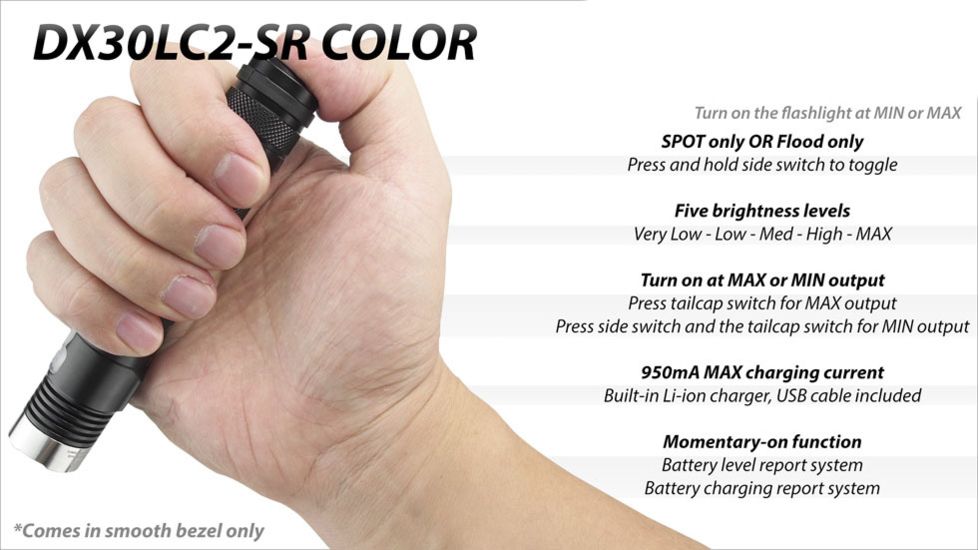 Eagtac DX30LC2-SR Color Side-LED Rechargeable  Flashlight, XP-E2 Green w/ XPL HI LED, 263lm w/ 1160lm, Black 2737