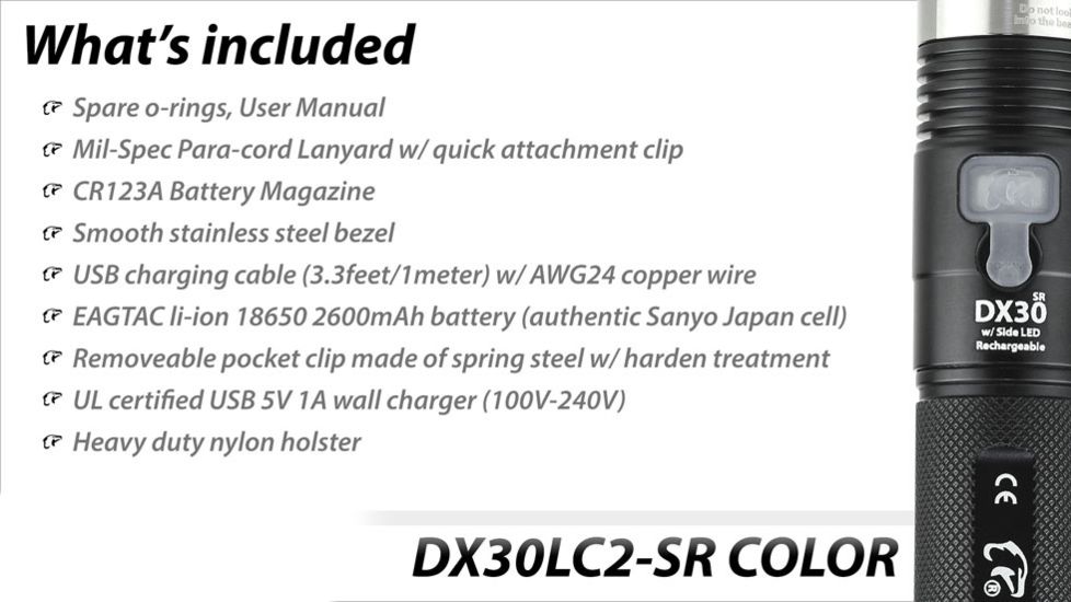 Eagtac DX30LC2-SR Color Side-LED Rechargeable  Flashlight, XP-E2 Green w/ XPL HI LED, 263lm w/ 1160lm, Black 2737