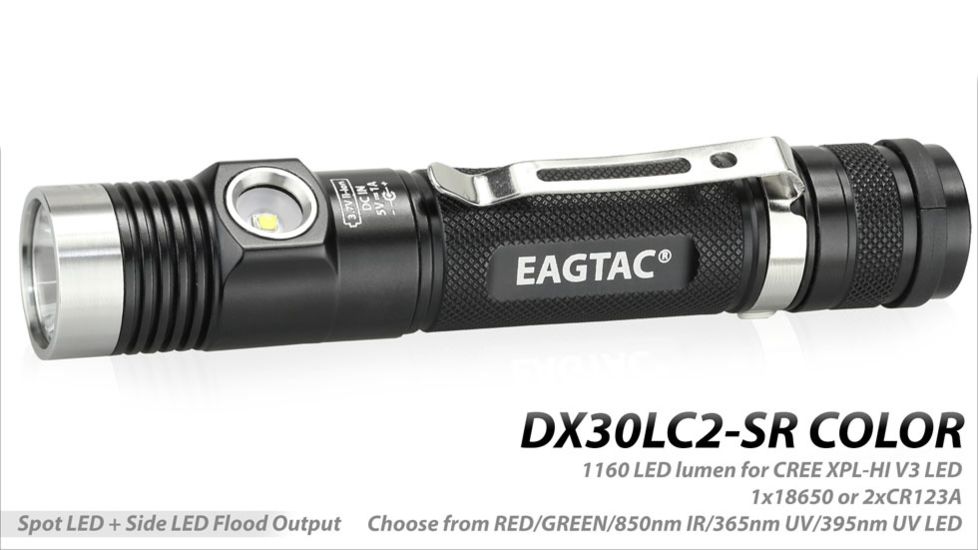 Eagtac DX30LC2-SR Color Side-LED Rechargeable  Flashlight, XP-E2 Green w/ XPL HI LED, 263lm w/ 1160lm, Black 2737