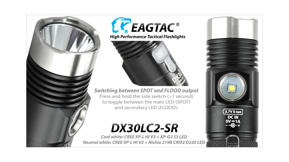 EAGTAC DX30LC2-SR Side-LED Rechargeable Flashlight Kit, Spot XP-L HI V2 NW w/ Flood Nichia 219B CRI92 5700K LED, 1080lm/390lm, Black, DX30LC2SR-XPLHINW-SIDE219B-KIT