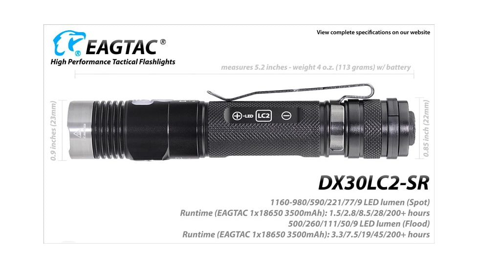 EAGTAC DX30LC2-SR Side-LED Rechargeable Flashlight Kit, Spot XP-L HI V2 NW w/ Flood Nichia 219B CRI92 5700K LED, 1080lm/390lm, Black, DX30LC2SR-XPLHINW-SIDE219B-KIT