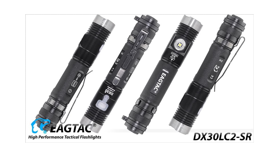 EAGTAC DX30LC2-SR Side-LED Rechargeable Flashlight Kit, Spot XP-L HI V2 NW w/ Flood Nichia 219B CRI92 5700K LED, 1080lm/390lm, Black, DX30LC2SR-XPLHINW-SIDE219B-KIT