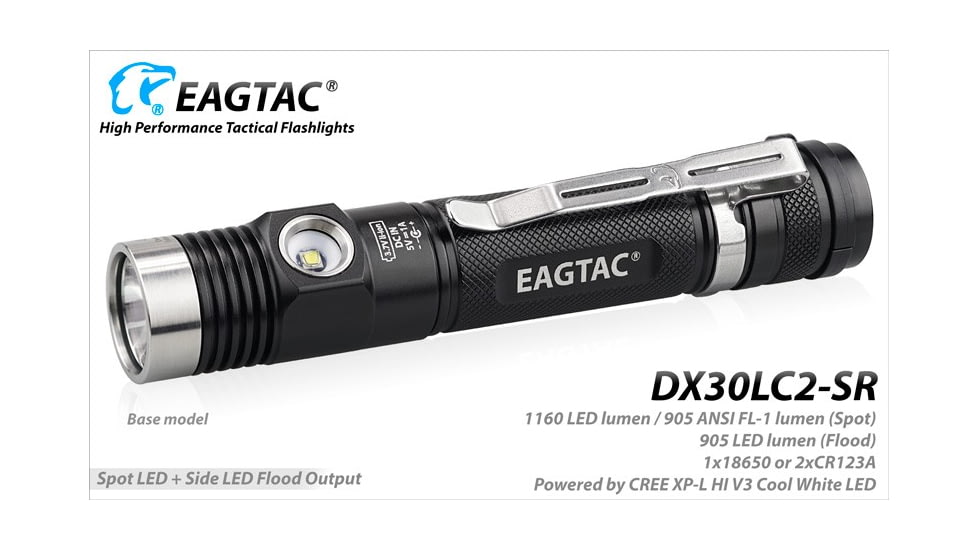 EAGTAC DX30LC2-SR Side-LED Rechargeable Flashlight Kit, Spot XP-L HI V2 NW w/ Flood Nichia 219B CRI92 5700K LED, 1080lm/390lm, Black, DX30LC2SR-XPLHINW-SIDE219B-KIT