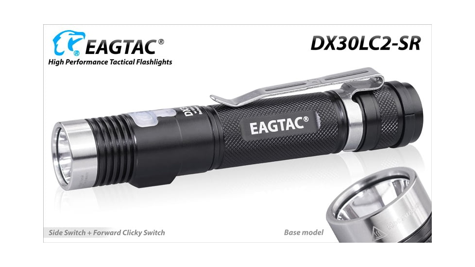EAGTAC DX30LC2-SR Side-LED Rechargeable Flashlight Kit, Spot XP-L HI V2 NW w/ Flood Nichia 219B CRI92 5700K LED, 1080lm/390lm, Black, DX30LC2SR-XPLHINW-SIDE219B-KIT