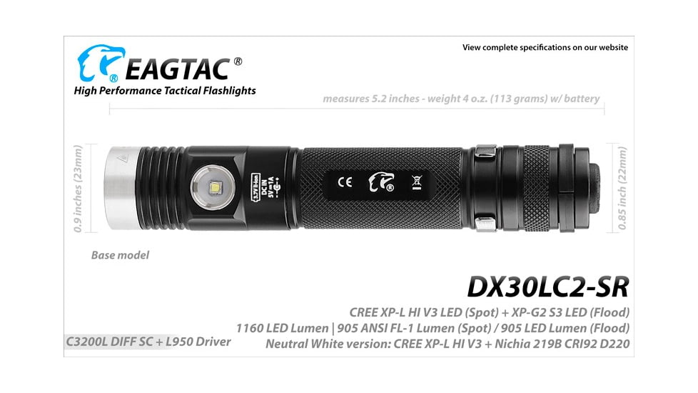 EAGTAC DX30LC2-SR Side-LED Rechargeable Flashlight Kit, Spot XP-L HI V2 NW w/ Flood Nichia 219B CRI92 5700K LED, 1080lm/390lm, Black, DX30LC2SR-XPLHINW-SIDE219B-KIT